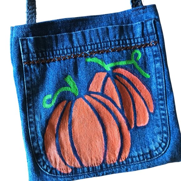 Handmade Crossbody Bag: Recycled Denim Cell Phone Holder, Autumn Painted Pumpkin - Picture 3 of 11